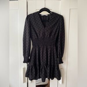 ZARA Black Polka Dot Mini Dress XS Long Sleeve Smocked Waist Ruffle Hem Feminine